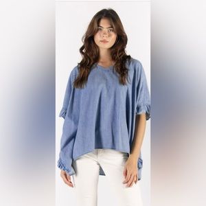 Before You Denim/Chambray Poncho w/ Ruffled Sleeves
